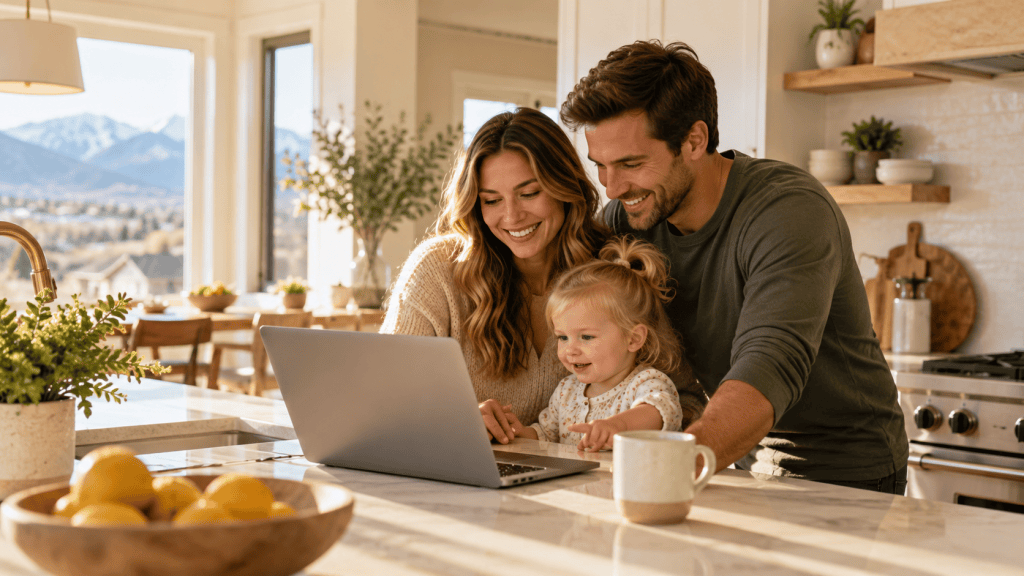 Young family with a toddler smiling together in a bright Utah kitchen