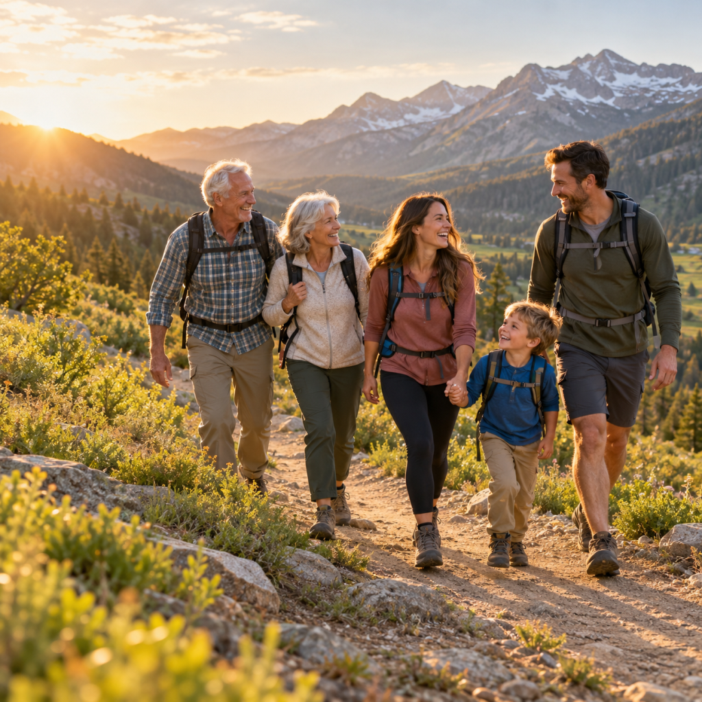 Multi-generational family hiking a Utah mountain trail together at sunset