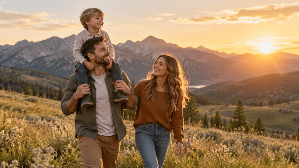 Father carrying his son on his shoulders beside his wife in a Utah mountain meadow at sunset