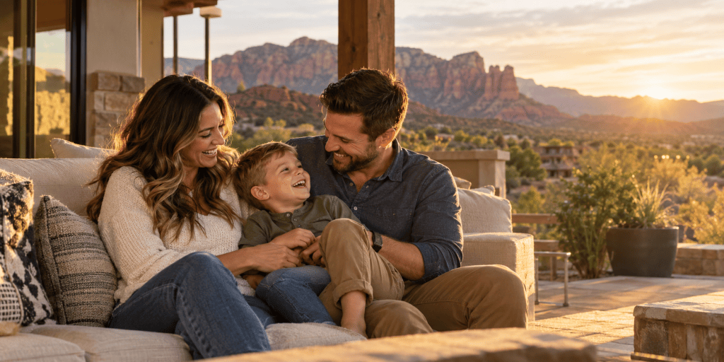Family relaxing together on a patio with Utah red rock cliffs at sunset