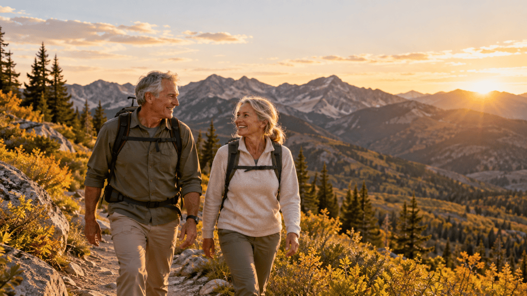 Retired couple hiking a Utah mountain trail at sunset