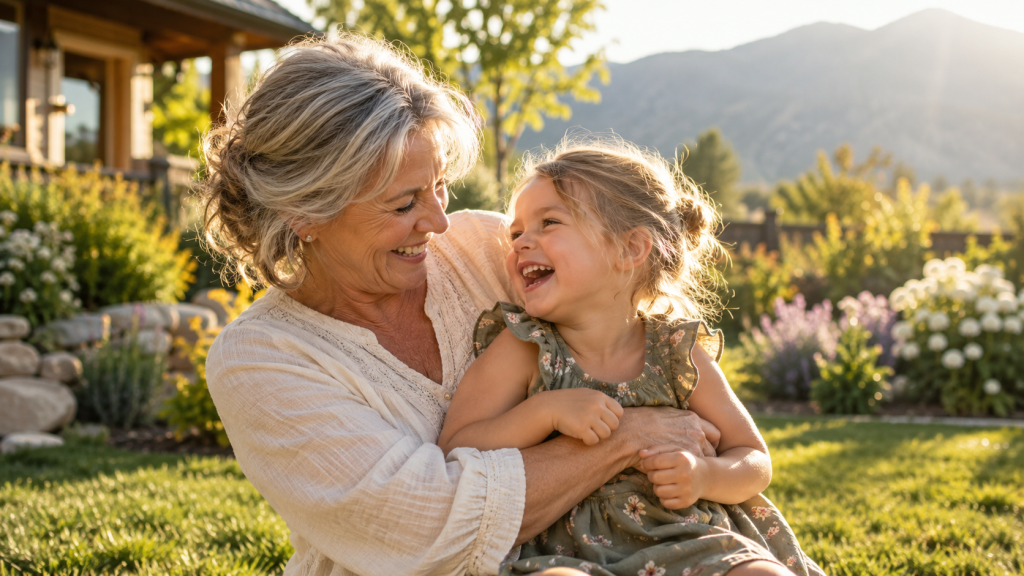Grandmother laughing with her granddaughter in a sunny backyard garden
